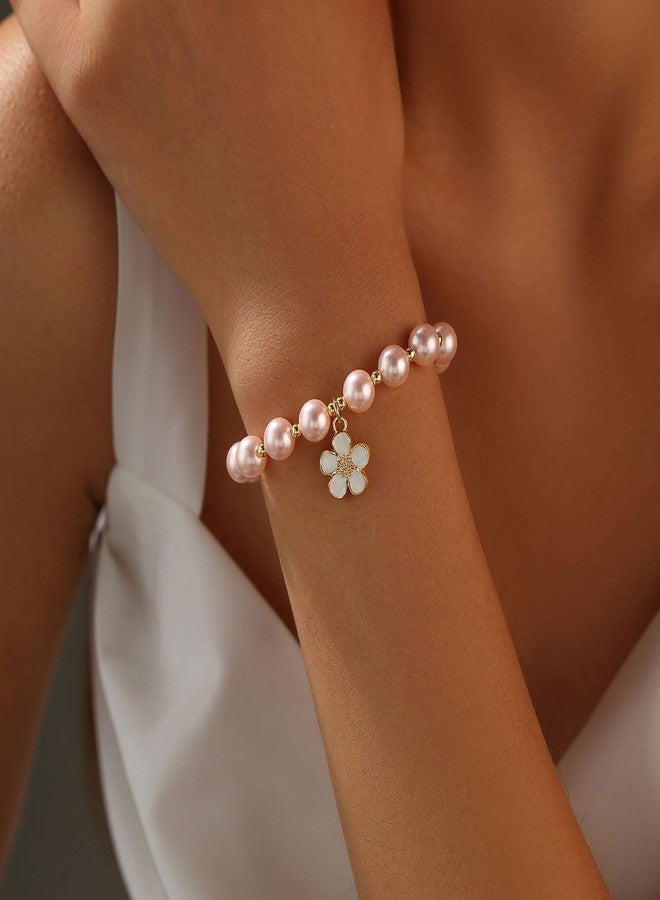 ENASAL Flower Gal Proposal Gifts from Bride,Daisy Bracelet for Women Dainty Pearl Bead charm Bracelet on Wedding Birthday Gifts for Her, Thank You Flower Gal Gift on Wedding Day (Pink) - Image 3